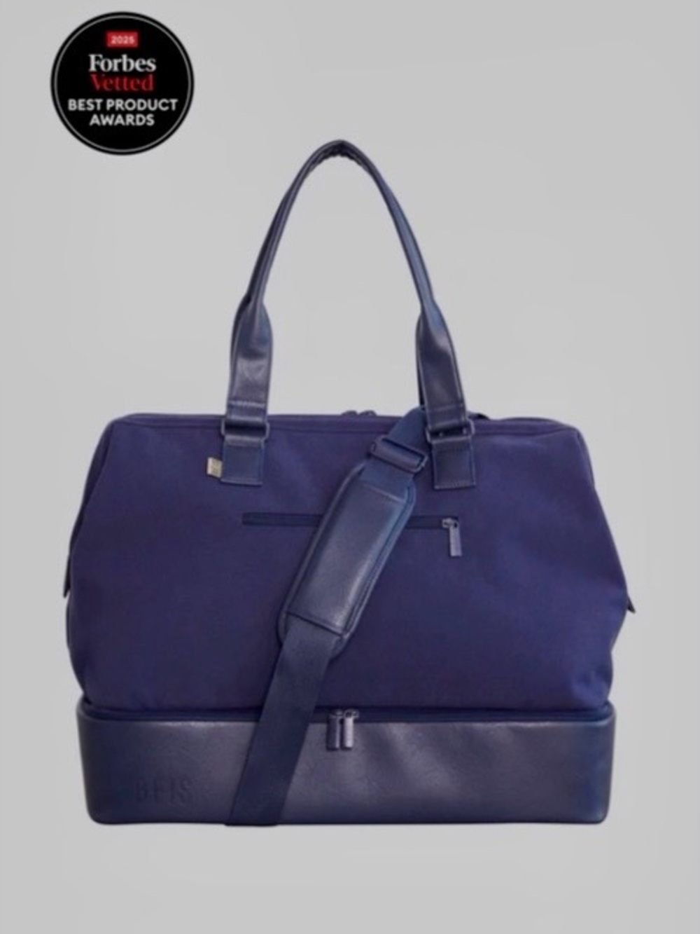 BEIS Mini Weekender Navy Canvas Tote with Leather Base and Handles